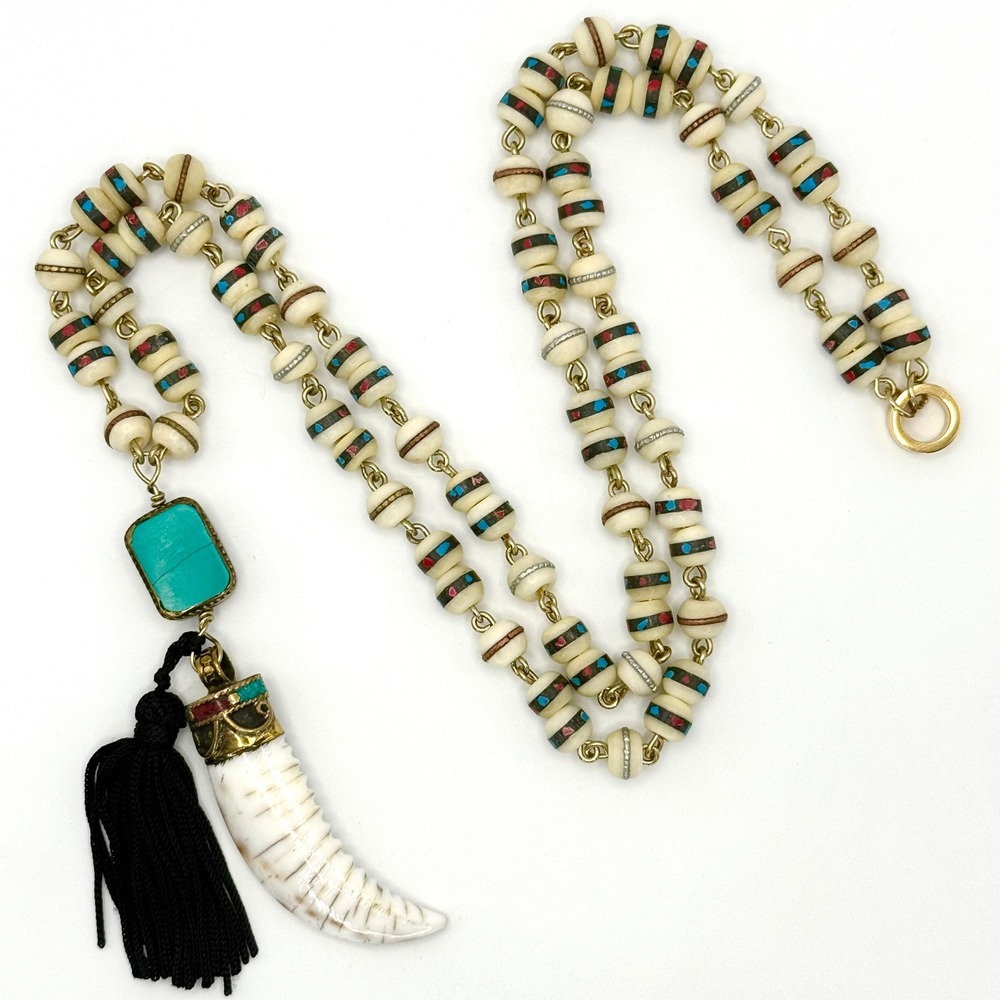 Very Allegra Rebecca Turquoise Coral Inlay Bone Bead Shell Horn Tassel Necklace